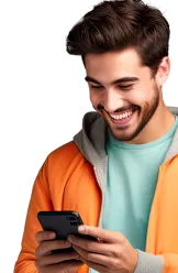 Homem de pele branca, de cabelos curtos, lisos e de cor castanha, usando uma blusa de cor laranja e segura um celular com as mãos